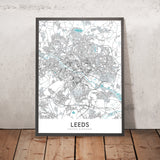 Plan de la ville moderne de Leeds, Royaume-Uni : centre-ville, galerie d'art, hôtel de ville, marché de Kirkgate, Grand Théâtre