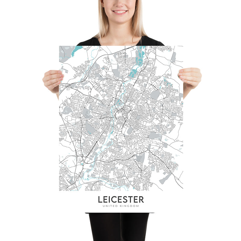 Moderner Stadtplan von Leicester, Großbritannien: Stadtzentrum, Universität, Kathedrale, Schloss, Raumfahrtzentrum