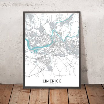 Mappa della città moderna di Limerick, Irlanda: Castello di re Giovanni, Thomond Park, Università di Limerick, N18, N21 