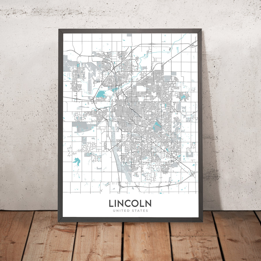 Moderne Stadtkarte von Lincoln, NE: Universität von Nebraska, Sunken Gardens, Haymarket Park, Interstate 80, Interstate 180 