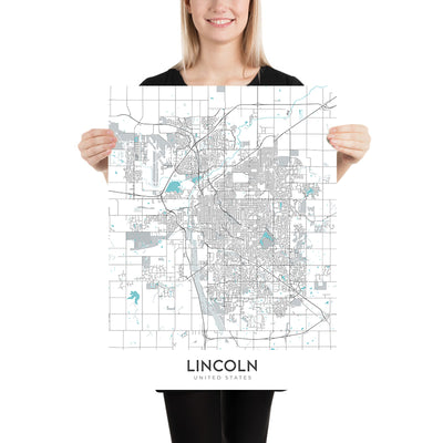 Mapa moderno de la ciudad de Lincoln, NE: Universidad de Nebraska, Sunken Gardens, Haymarket Park, Interestatal 80, Interestatal 180