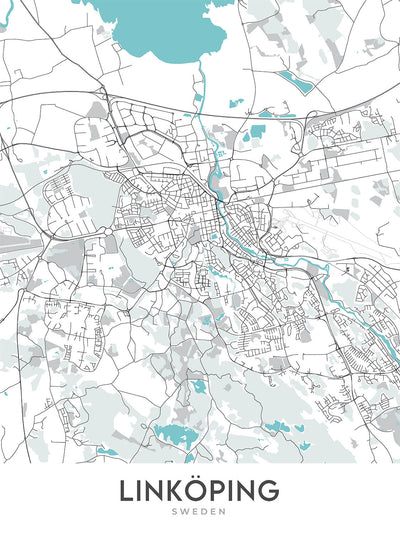 Plan de la ville moderne de Linköping, Suède : cathédrale, château, université, E4, Stångebro