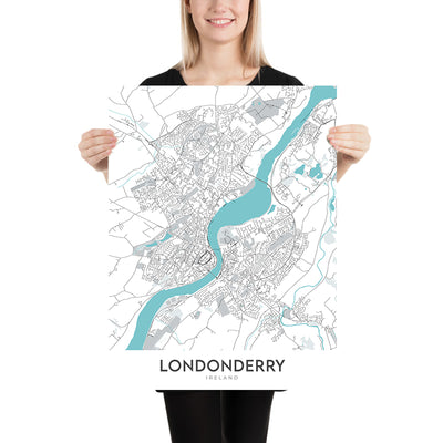 Plan de la ville moderne de Londonderry, Irlande : Bogside, Brandywell, Craigavon Bridge, Foyle Bridge, Guildhall