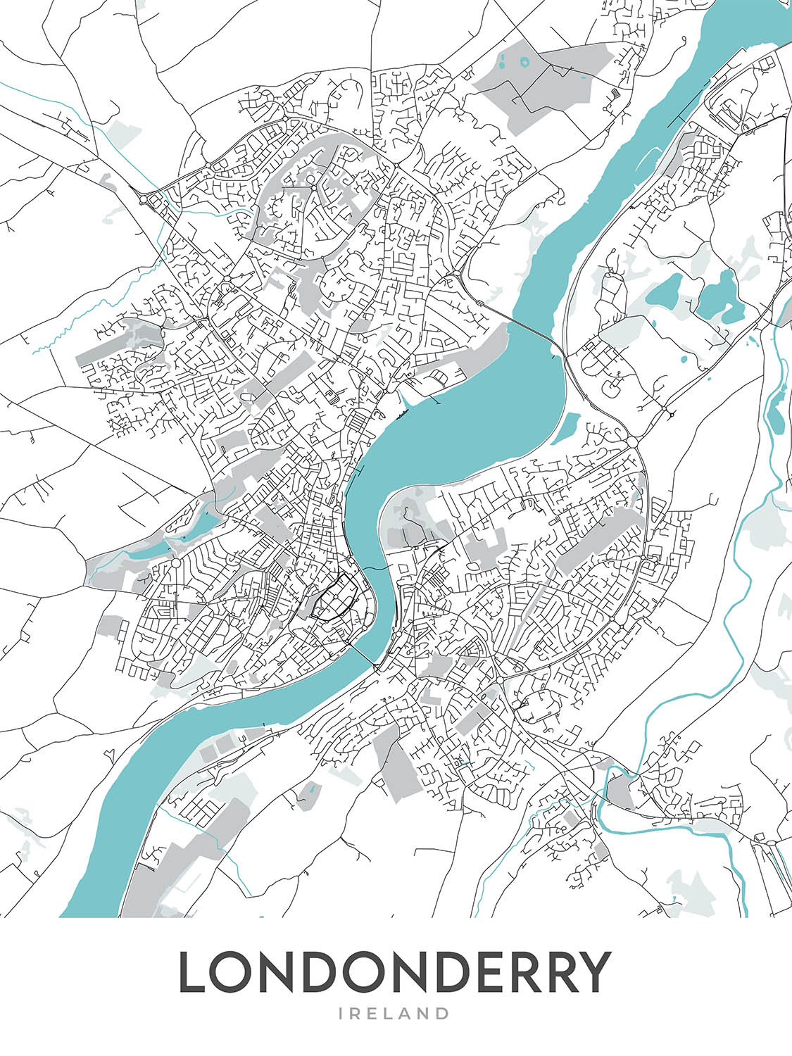 Mapa moderno de la ciudad de Londonderry, Irlanda: Bogside, Brandywell, Craigavon Bridge, Foyle Bridge, Guildhall