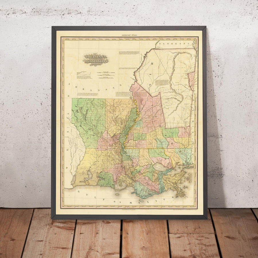Old Map of Louisiana and Mississippi by H. S. Tanner, 1820: New Orleans, Baton Rouge, Jackson, Gulfport, and Lafayette