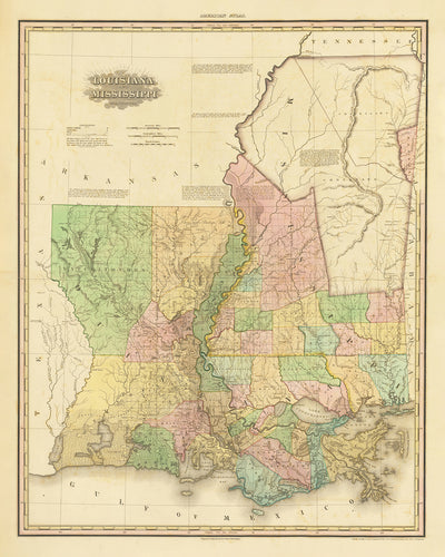 Ancienne carte de la Louisiane et du Mississippi par H. S. Tanner, 1820 : Nouvelle-Orléans, Baton Rouge, Jackson, Gulfport et Lafayette