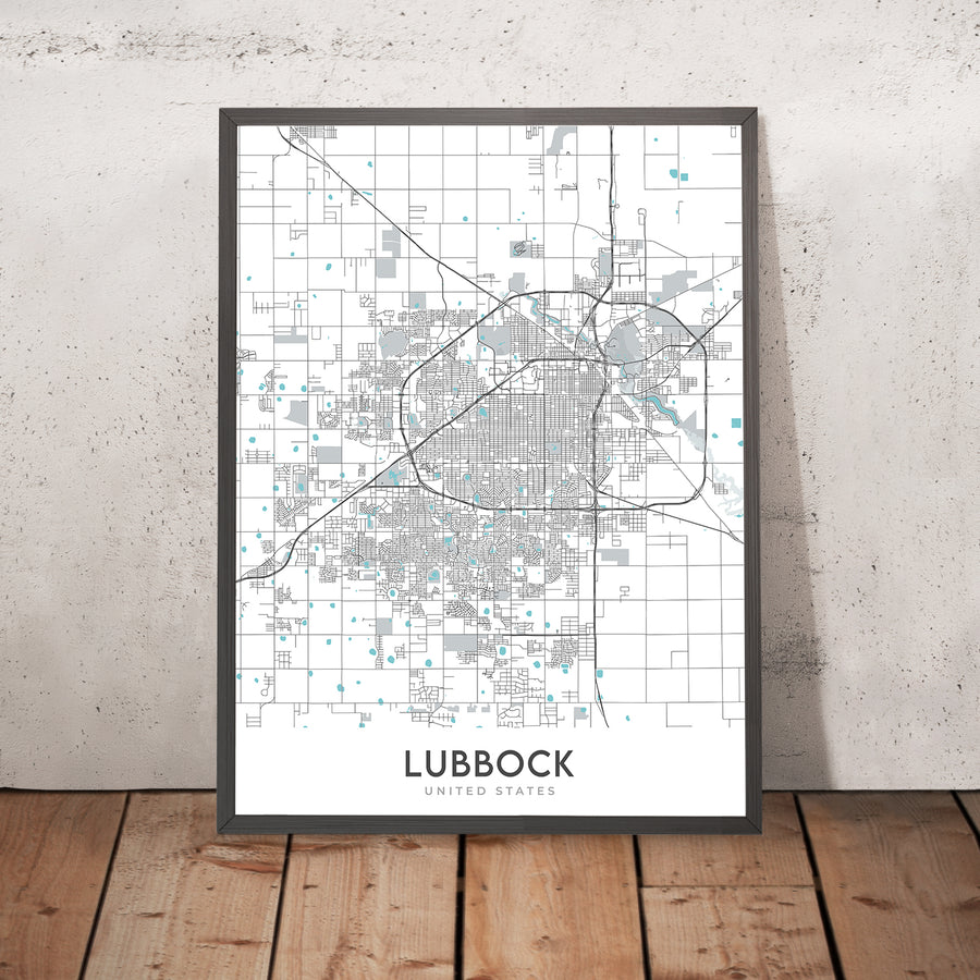 Moderne Stadtkarte von Lubbock, TX: Texas Tech University, Jones AT&T Stadium, Canyon Lakes, US-84, US-87 