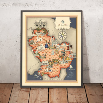 Alte bildliche Karte von Lucania von De Agostini, 1938: Potenza, Matera, Pollino, Sassi di Matera, Castel del Monte 