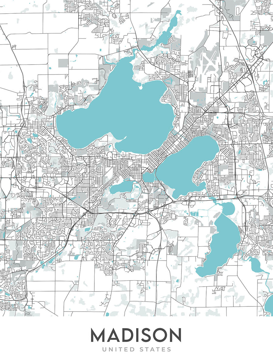 Moderne Stadtkarte von Madison, WI: UW-Madison, Kapitol, State St, Olbrich Park, Henry Vilas Zoo 