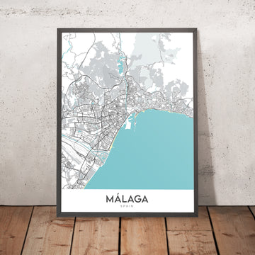 Modern City Map of Málaga, Spain: Cathedral, Roman Theatre, Gibralfaro Castle, Historic District, Modern Business District