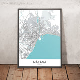 Plan de la ville moderne de Malaga, Espagne : cathédrale, théâtre romain, château de Gibralfaro, quartier historique, quartier des affaires moderne