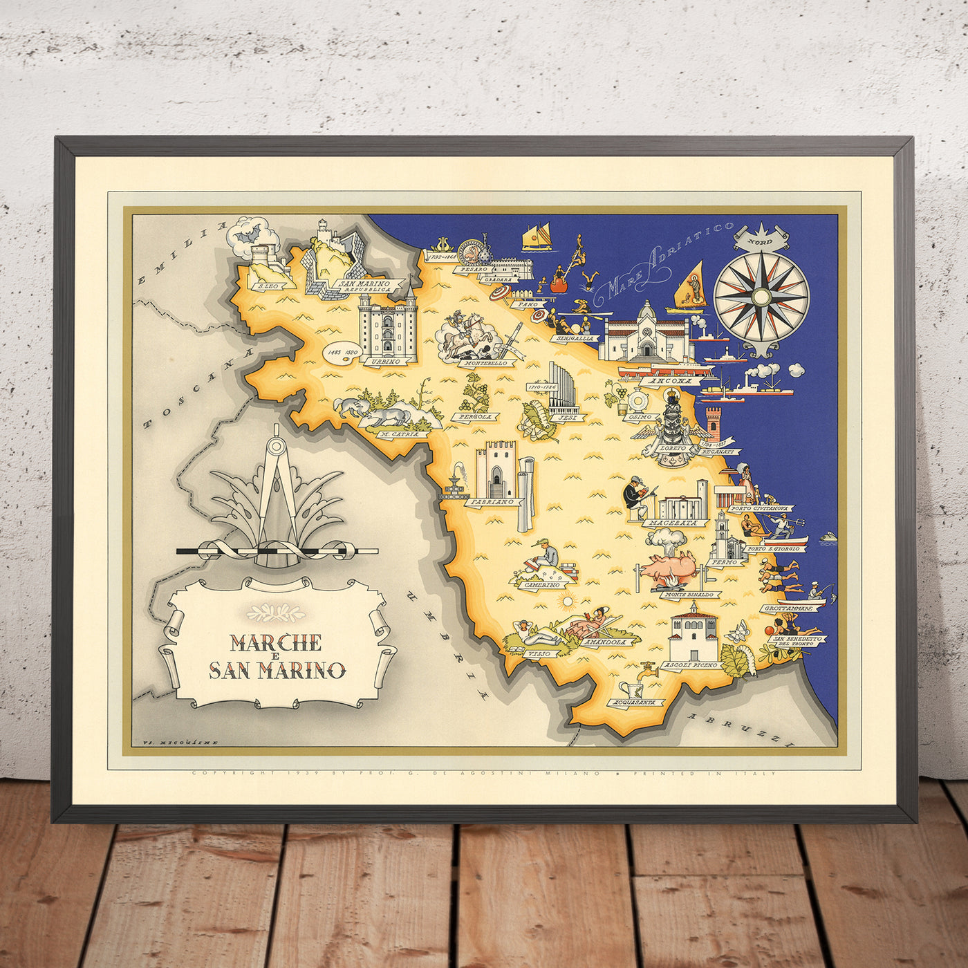 Old Pictorial Map of Le Marche & San Marino by De Agostini, 1938: Ancona, San Marino, Monti Sibillini, Monte Conero, Basilica di San Ciriaco