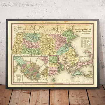 Vecchia mappa del Massachusetts e del Rhode Island di H. S. Tanner, 1836: Boston, Worcester, Providence, Springfield, Cambridge 