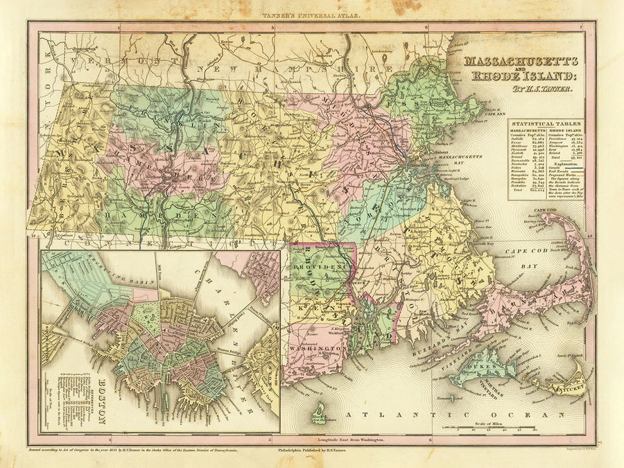 Old Map of Massachusetts and Rhode Island by H. S. Tanner, 1836: Boston, Worcester, Providence, Springfield, Cambridge
