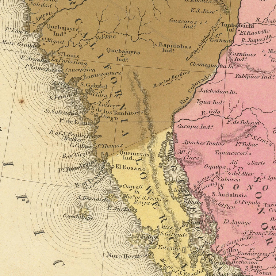 Old Map of Mexico, Guatemala, Texas, California by H.S. Tanner, 1839: Mexico City, Puebla, Los Angeles, San Francisco, Austin, Houston