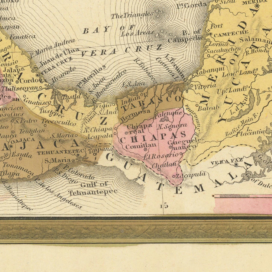 Old Map of Mexico, Guatemala, Texas, California by H.S. Tanner, 1839: Mexico City, Puebla, Los Angeles, San Francisco, Austin, Houston