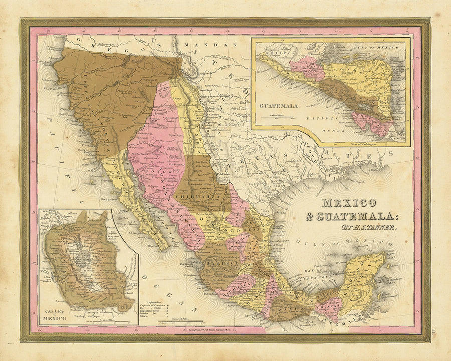 Old Map of Mexico, Guatemala, Texas, California by H.S. Tanner, 1839: Mexico City, Puebla, Los Angeles, San Francisco, Austin, Houston