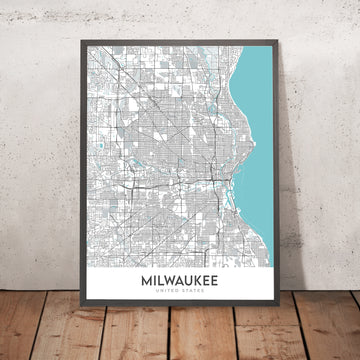 Moderne Stadtkarte von Milwaukee, WI: Bay View, Fiserv Forum, Historic Third Ward, Marquette University, County Zoo 