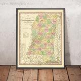 Mappa Antica del Mississippi di H.S. Tanner, 1836: Jackson, Gulfport, Southaven, Biloxi, Tupelo, Strade, Ferrovia, Canali 