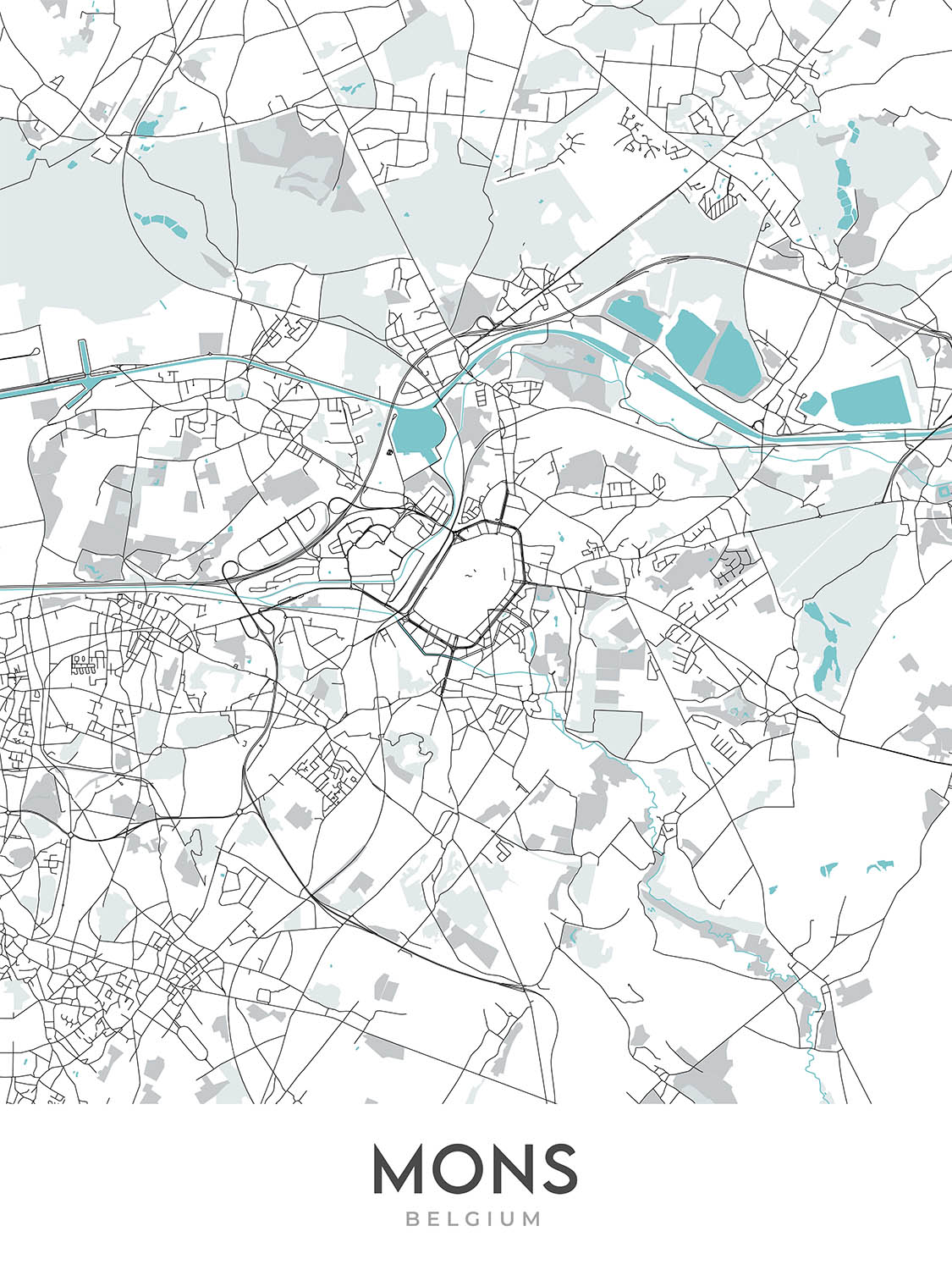 Mapa moderno de la ciudad de Mons, Bélgica: Grand Place, campanario, colegiata de Saint-Waudru
