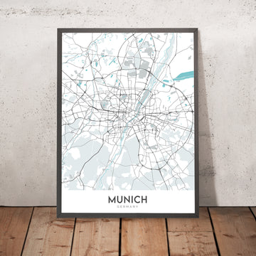 Mapa moderno de la ciudad de Múnich, Alemania: Altstadt, Marienplatz, Englischer Garten, Allianz Arena, río Isar