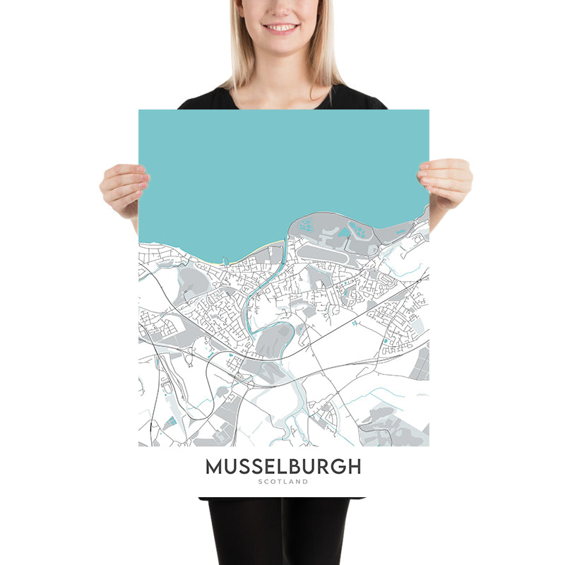 Plan de la ville moderne de Musselburgh, Écosse : port de Fisherrow, rivière Esk, hippodrome, Pinkie, A199