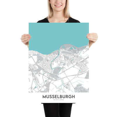 Plan de la ville moderne de Musselburgh, Écosse : port de Fisherrow, rivière Esk, hippodrome, Pinkie, A199
