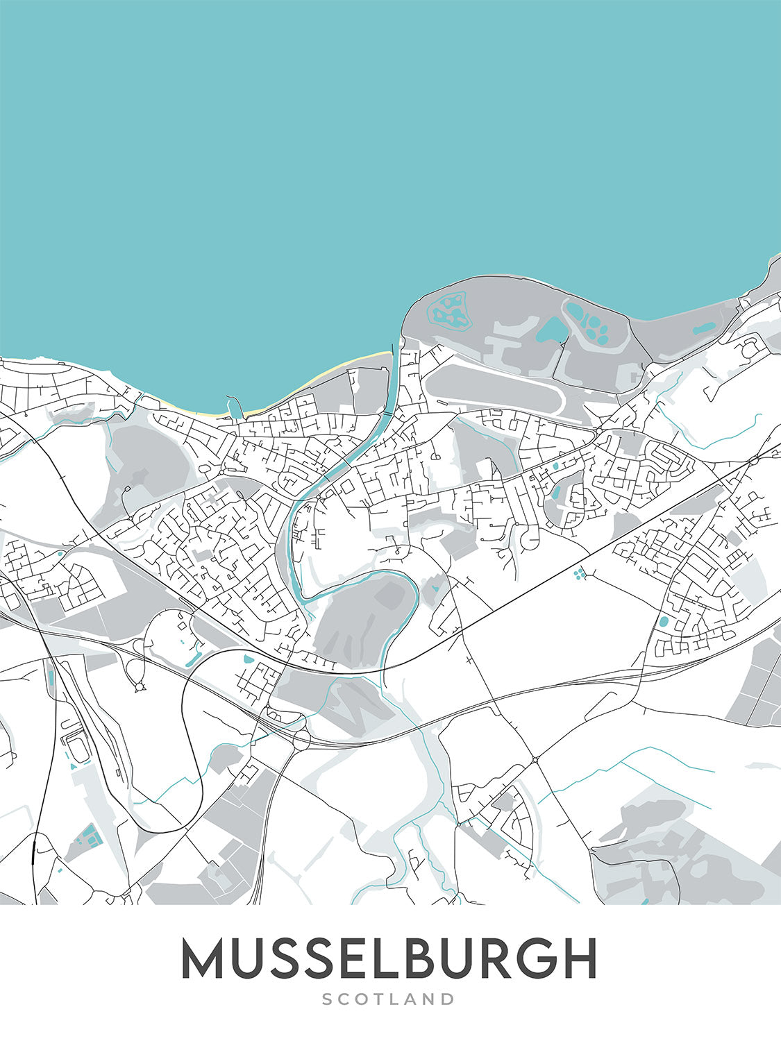 Moderner Stadtplan von Musselburgh, Schottland: Fisherrow Harbour, River Esk, Racecourse, Pinkie, A199