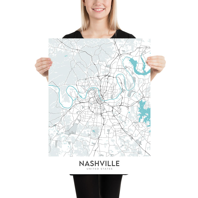 Plan de la ville moderne de Nashville, Tennessee : centre-ville, centre-ville musical, Vanderbilt, Germantown, Shelby Park