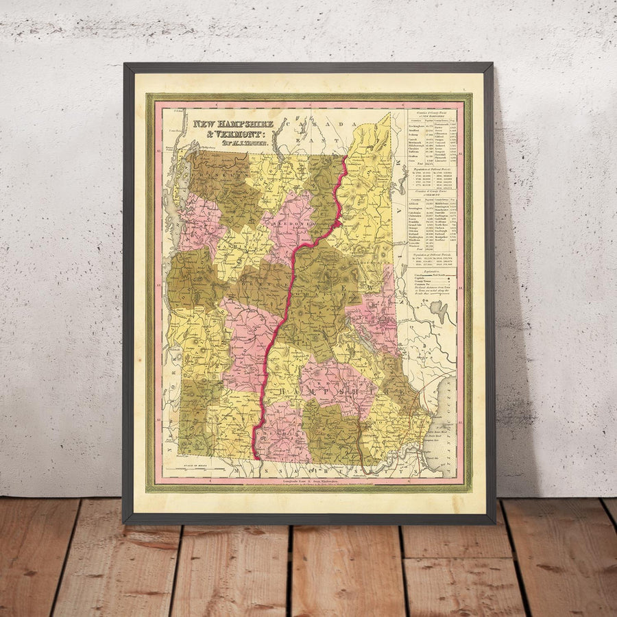 Old Map of New Hampshire and Vermont by H. S. Tanner, 1840 featuring Manchester, Nashua, Concord, Burlington, and South Burlington