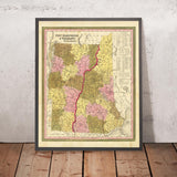 Alte Karte von New Hampshire und Vermont von H. S. Tanner, 1840, die Manchester, Nashua, Concord, Burlington und South Burlington zeigt 