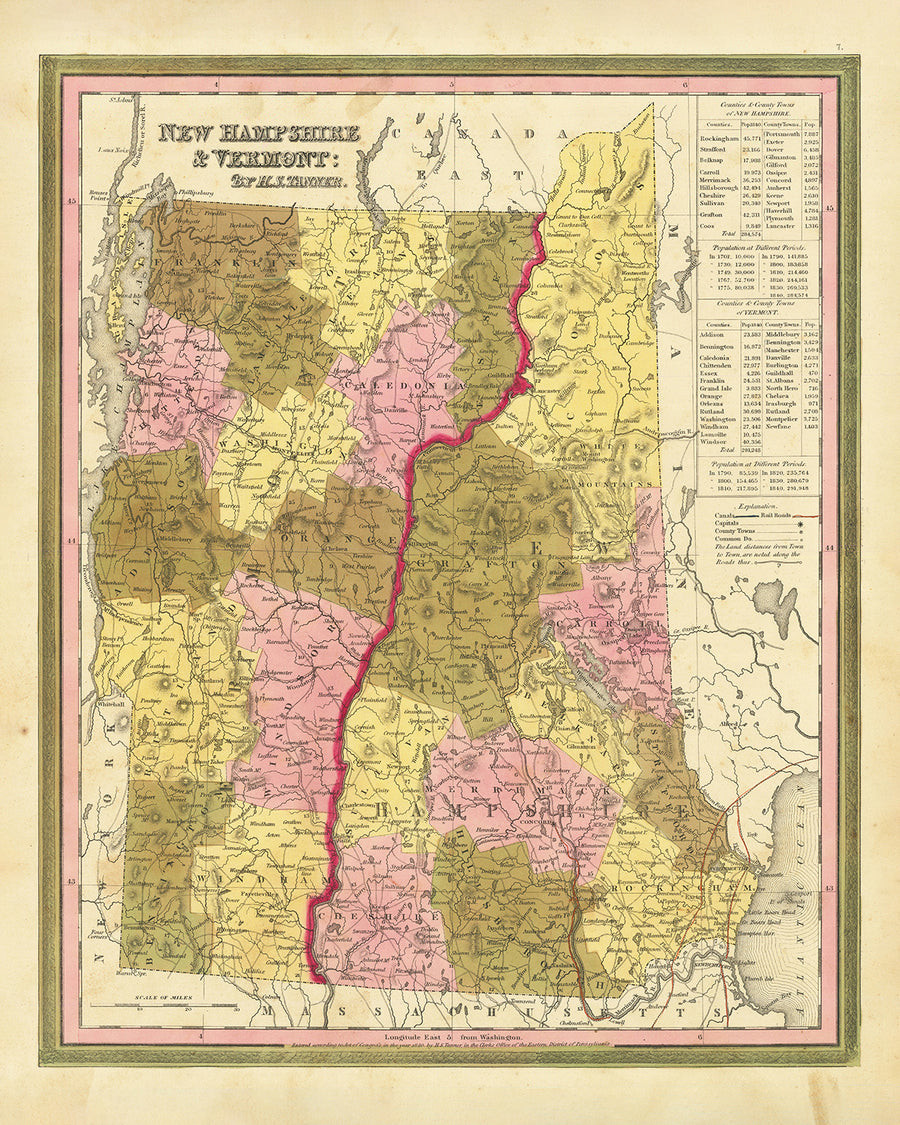 Old Map of New Hampshire and Vermont by H. S. Tanner, 1840 featuring Manchester, Nashua, Concord, Burlington, and South Burlington