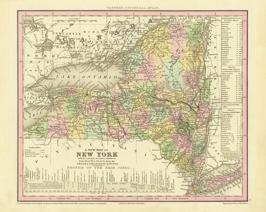 Old Map of New York State by H. S. Tanner, 1836: New York City, Buffalo, Rochester, Yonkers, Syracuse, Roads, Railway, Canals