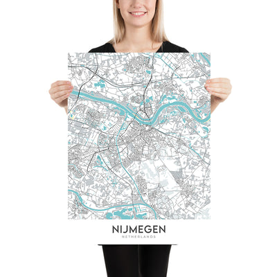 Plan de la ville moderne de Nimègue, Pays-Bas : Musée de l'Afrique, Belvédère, Grote Markt, Université Radboud, Waalbrug