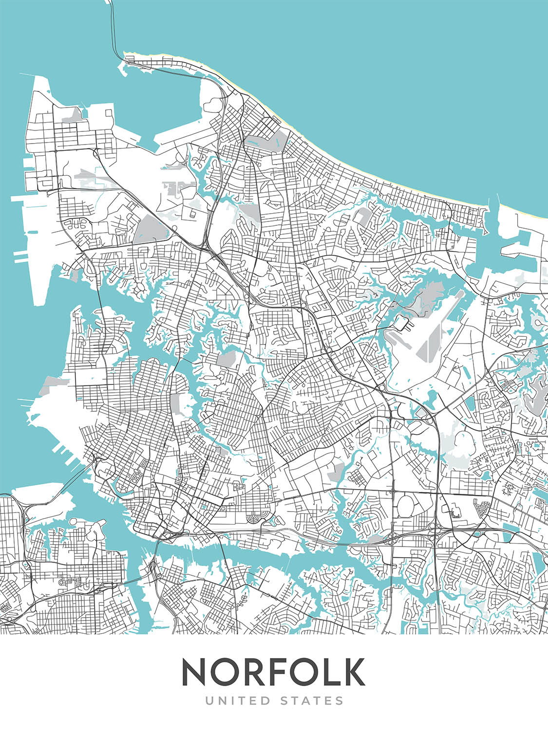 Mapa moderno de la ciudad de Norfolk, VA: Gante, Museo Chrysler, Nauticus, Jardín Botánico de Norfolk, I-264