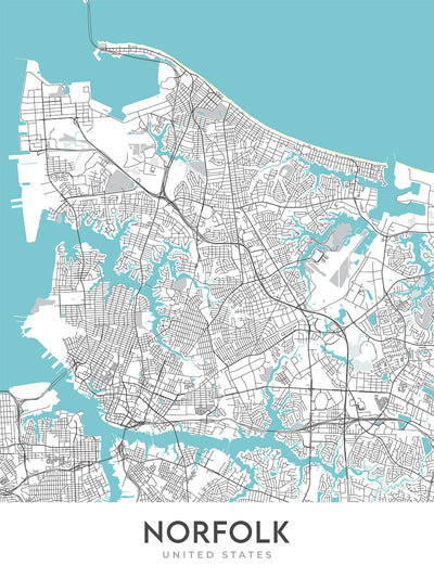 Modern City Map of Norfolk, VA: Ghent, Chrysler Museum, Nauticus, Norfolk Botanical Garden, I-264