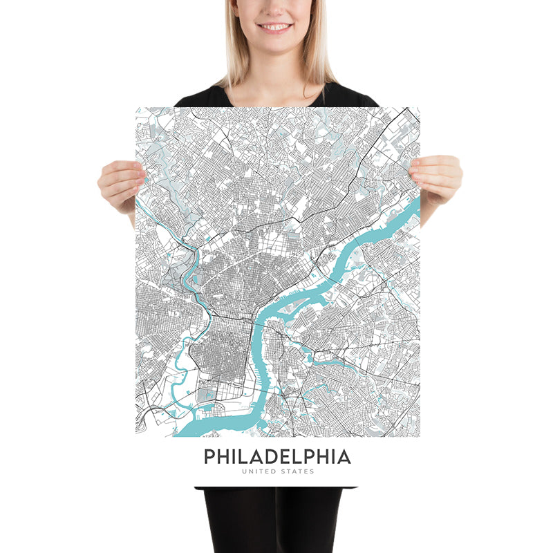Mapa moderno de la ciudad de Filadelfia, PA: Ciudad Vieja, Salón de la Independencia, Río Schuylkill, Puente Ben Franklin, Parque Fairmount