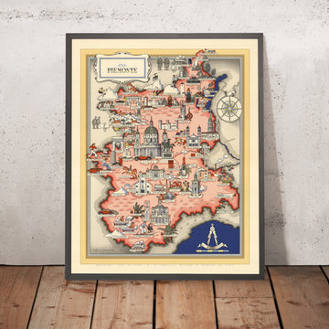 Alte bildliche Karte von Piemont von De Agostini, 1938: Turin, Novara, Vercelli, Biella, Alessandria 