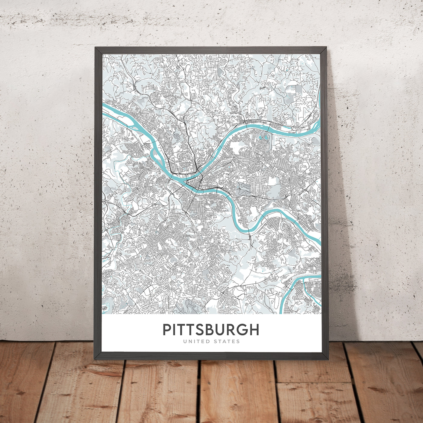 Mapa moderno de la ciudad de Pittsburgh, PA: centro, Oakland, PNC Park, Heinz Field, Carnegie Museum