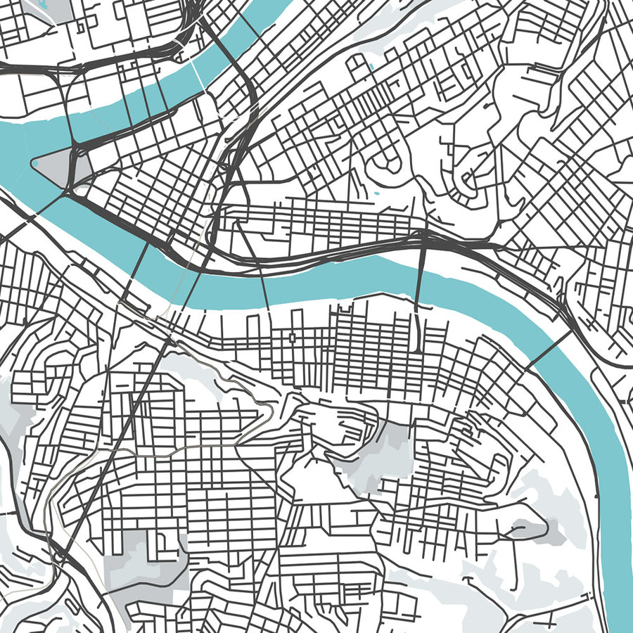 Moderne Stadtkarte von Pittsburgh, PA: Innenstadt, Oakland, PNC Park, Heinz Field, Carnegie Museum 