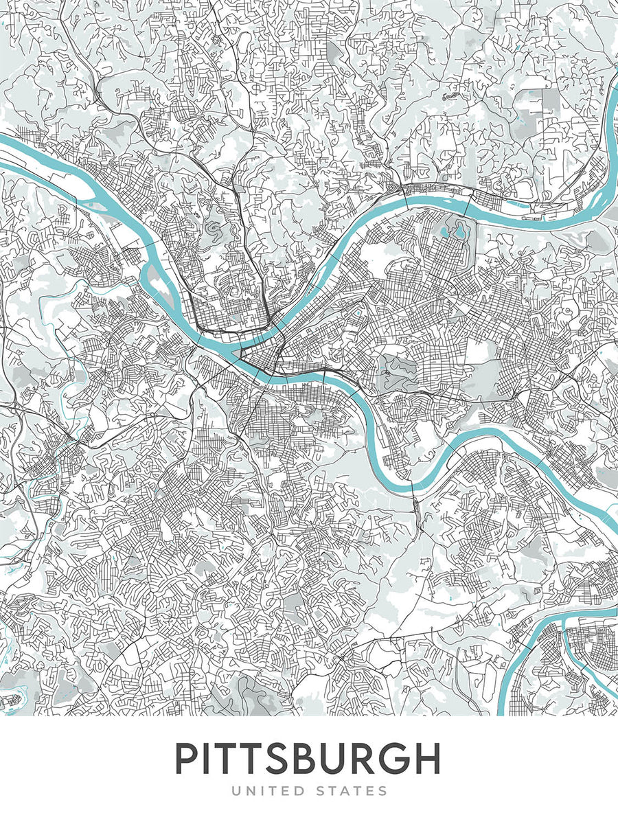 Moderne Stadtkarte von Pittsburgh, PA: Innenstadt, Oakland, PNC Park, Heinz Field, Carnegie Museum 