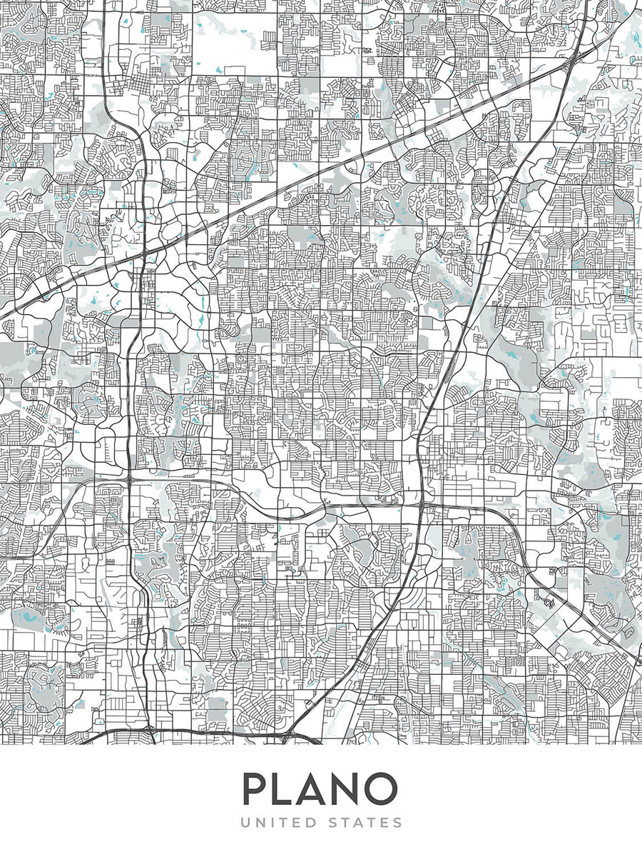 Moderne Stadtkarte von Plano, TX: Innenstadt, Legacy West, Arbor Hills, Preston Rd, Dallas N Tollway 