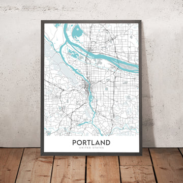 Moderne Stadtkarte von Portland, OR: Innenstadt, Pearl District, Willamette River, Mt. Hood, I-5 