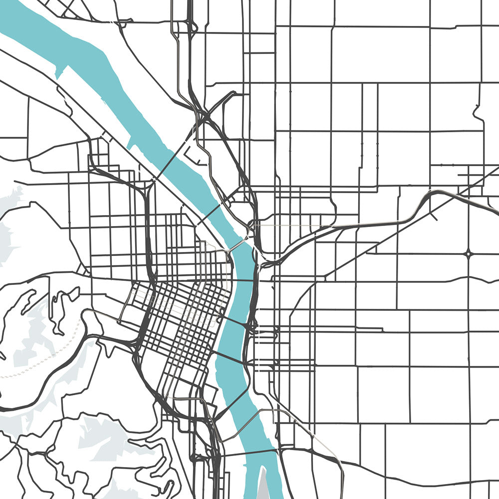 Mapa moderno de la ciudad de Portland, Oregón: centro, distrito Pearl, río Willamette, monte Hood, I-5