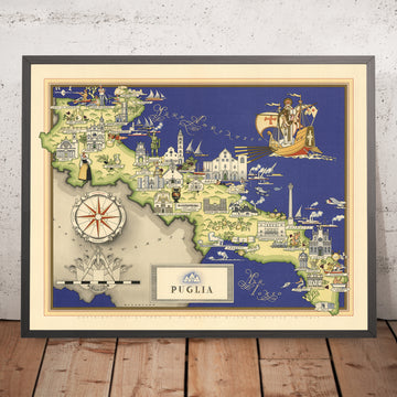 Alte bildliche Karte von Apulien von De Agostini, 1938: Bari, Brindisi, Foggia, Lecce, Taranto 