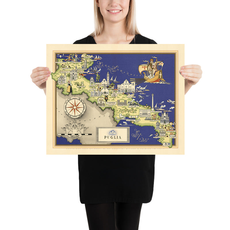 Old Pictorial Map of Apulia by De Agostini, 1938: Bari, Brindisi, Foggia, Lecce, Taranto