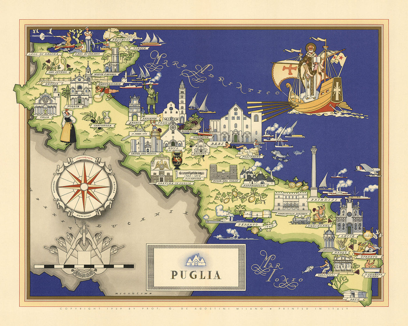 Ancienne carte picturale des Pouilles par De Agostini, 1938 : Bari, Brindisi, Foggia, Lecce, Tarente