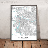 Moderne Stadtkarte von Sacramento, CA: Innenstadt, Midtown, East Sac, Sac State, American River 