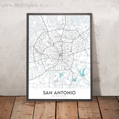 Modern City Map of San Antonio, TX: Alamo, River Walk, AT&T Center, Downtown, I-35