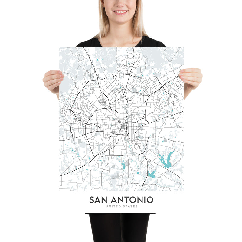 Modern City Map of San Antonio, TX: Alamo, River Walk, AT&T Center, Downtown, I-35